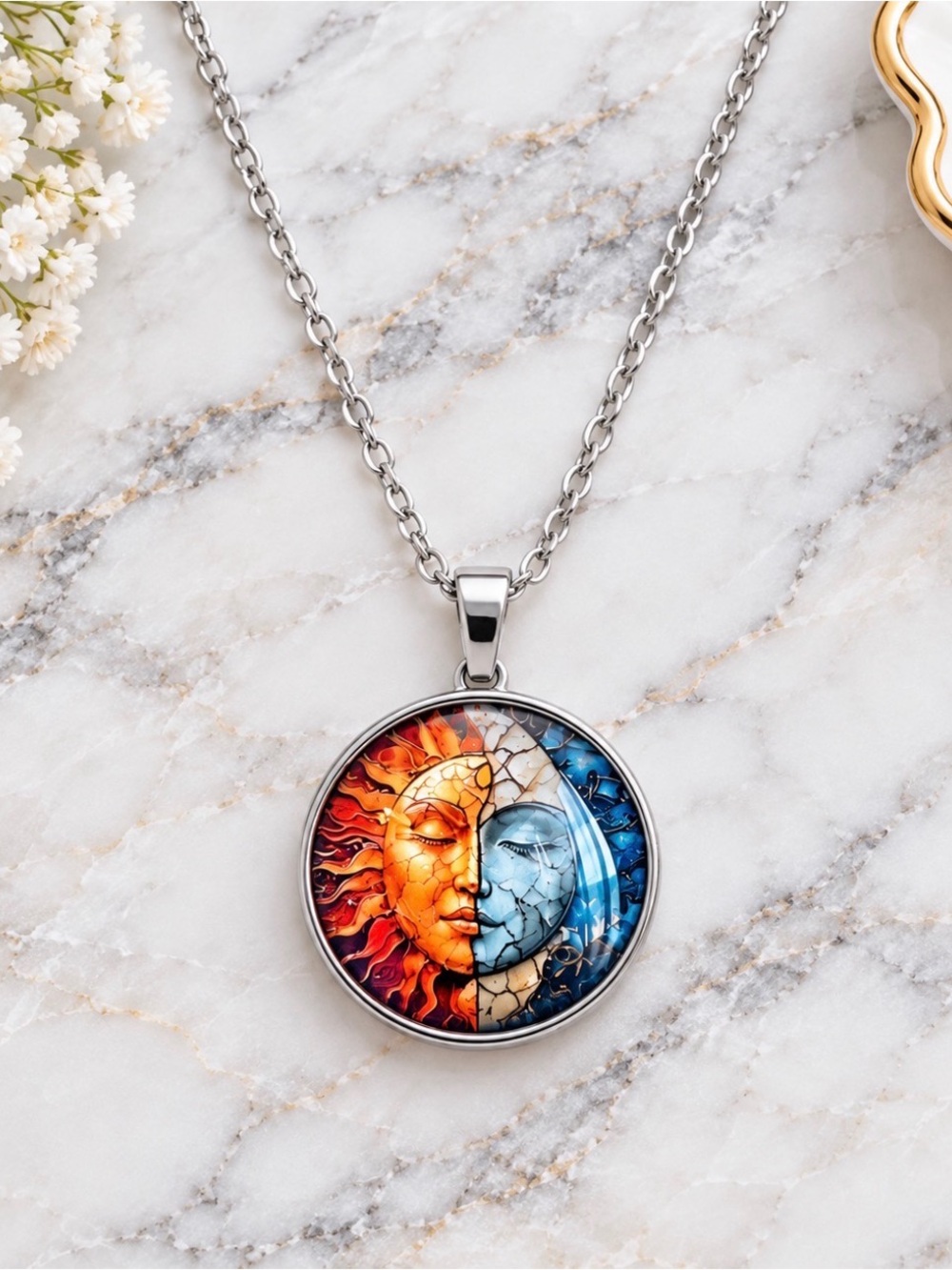 Sun & Moon Art Pendant Necklace - Silver Tone Chain